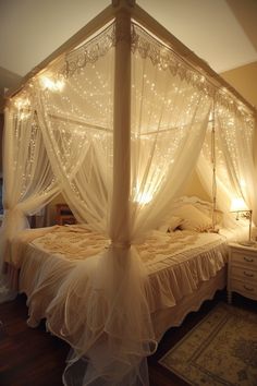 a canopy bed with lights on it in a bedroom next to a dresser and rug