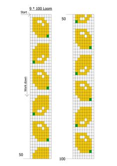 the cross stitch pattern is shown in yellow and green, with two squares on each side