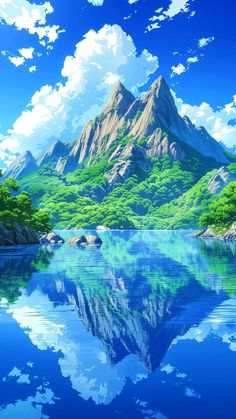 an anime landscape with mountains and trees reflected in the water