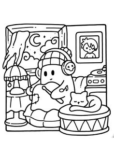 a black and white drawing of a person in the kitchen