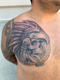 Aztec Shoulder Tattoo Men, Warrior Chest Tattoo, Aztec Skull Tattoo Design, Aztec Chest Tattoo, Mexican Animal Tattoo, Tattoo Ideas Aztec Mexican, Aztec Skull Tattoo, Aztec Warrior Chest Tattoo, Aztec Warrior Tattoo Men