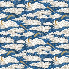 an image of clouds and rainbows in the sky with stars on blue fabric background