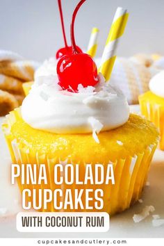 pina colada cupcakes with coconut rum and whipped cream are topped with a cherry