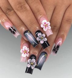 Orchid Nails Square, Black Flower Nails, Pink Ombre Nails, Unique Acrylic Nails, Bling Acrylic Nails, Short Acrylic Nails Designs, Pink Nail, Pink Acrylic Nails