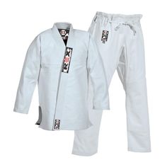 a white karate suit with black and red logos on the chest, pants and belt