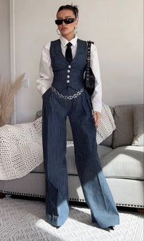 Pinstripe Wide Leg 2-piece Suit (PRE-ORDER) – Luxandluxy Women’s Two Piece Suit, Women Navy Blue Suits, Woman’s Business Suit, Striped Womens Suit, Lady Pants Suit, Womens Two Piece Suit, 1920s Fashion Women Suits, Blue Pinstripe Suit Women, Women In Three Piece Suit