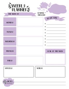 the weekly planner is shown in purple and white, with flowers on each side of it