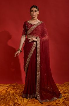 Maroon Designer Embroidered Georgette Wedding Saree-Saira's Boutique Reception Saree, Party Wear Sarees Online, Maroon Saree, Purple Saree, Party Sarees, Ready To Wear Saree, Ethnic Sarees, Half Sleeve Blouse, Wedding Saree