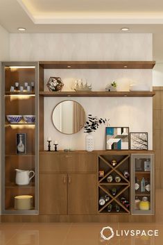 a room that has some shelves with wine bottles on it and a mirror in the corner