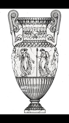 an antique vase with two figures on the front and side, vintage line drawing or engraving