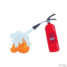 a red fire extinguisher is spraying water on a white background with flames