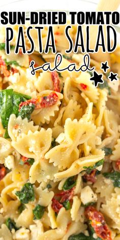 this sun dried tomato pasta salad is loaded with fresh spinach, tomatoes, and cheese