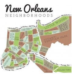 a map of new orleans with the neighborhood names in green and brown on white background