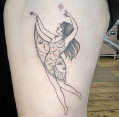 Random Placement Tattoo Sleeve, Women And Moon Tattoo, Whimsical Tattoo Sleeve Ideas, Female Thigh Tattoos Unique, Line Work Woman Tattoo, I Am Inimitable I Am An Original Tattoo, Tattoos For Sleeves For Women, Pre Raphaelite Tattoo, Trending Tattoos For Women 2024