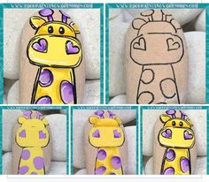 four different pictures of giraffes painted on rocks with purple and yellow accents