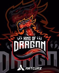 the king of dragon art club logo on a black background with red and orange flames