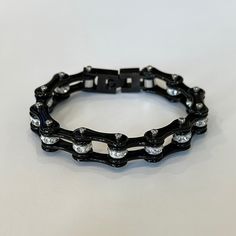 Black Bike Chain Bracelet With Clear Stones. No Flaws Or Signs Of Wear. Measurements Are Shown In Photos. Metal Is Stainless Steel. Trendy Black Chain Bracelet, Adjustable Black Chain Link Jewelry, Black Chain Link Jewelry For Everyday, Everyday Black Chain Link Jewelry, Trendy Black Chain Link Bracelet, Trendy Black Chain Link Jewelry, Black Edgy Bracelets As Gift, Black Chain Link Bracelet Gift, Black Adjustable Chain Link Bracelet