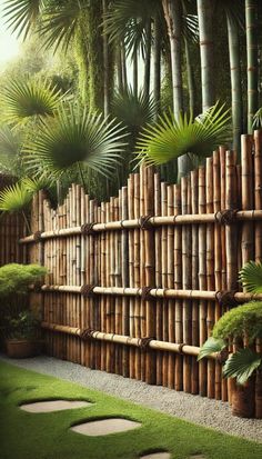 a bamboo fence made out of logs and grass