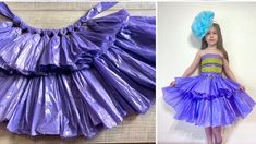 two pictures one is purple and the other has a dress made out of plastic bags