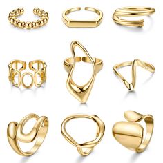 PRICES MAY VARY. VALUE GOLD RINGS SET: You will get 9 pcs 18K gold plated chunky rings with different styles, all of which are chic and attractive. You can combine them with other accessories,various styles can match your different outfits. ADJUSTABLE SIZE: All gold rings are open design,which can be fine-tuned from size 6 to size 9,adjustable size for easy wearing. You can wear them individually or stacked,adjust the size to fit your different fingers for different wearing effects. HIGH QUALITY Gold Chunky Rings, Open Rings, Thick Ring, Gold Statement Earrings, Professional Jewelry, Chunky Rings, Gold Ring Sets, 18k Gold Ring, Domed Ring