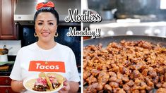 a woman holding a plate with tacos and meat on it next to a pan filled with food