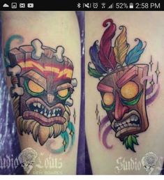 two tattoos on the legs of people with different colored designs and colors, one has a mask