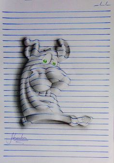 a drawing of a mouse with green eyes on lined paper, in the shape of a hand