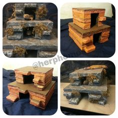 four different views of an outdoor fire pit made out of wood and stone, with various stages of construction