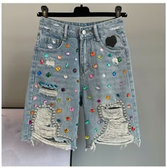 Trendy Cotton Bottoms With Rhinestones, Trendy Rhinestone Cotton Bottoms, Summer Rhinestone Short Jeans, Casual Rhinestone Shorts For Summer, Casual Rhinestone Short Length Jeans, Casual High Waist Bottoms With Rhinestones, Casual Rhinestones Bottoms For Spring, Casual Rhinestone Shorts, Casual Jean Shorts With Rhinestones