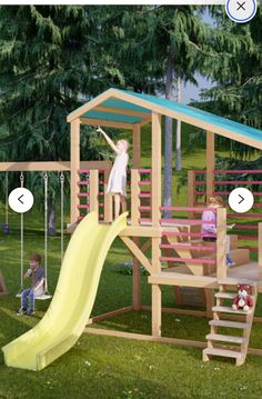 a child's play area with a slide and swing set