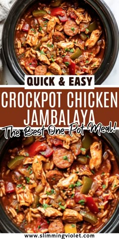 crockpot chicken jambaya with text overlay that reads quick and easy crockpot chicken jambaya