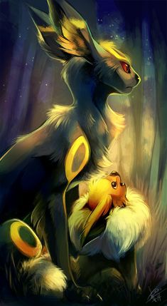 a painting of a wolf and her cub hugging in the woods with stars above them