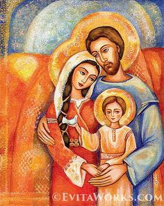 the virgin mary and child jesus with an orange background