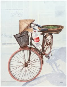 an old bicycle with a basket on the back