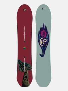 two snowboards side by side with different designs on the bottom one is blue and red