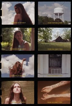 several different pictures of a woman in front of a water tower with her hair blowing in the wind