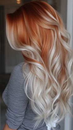 Copper Hair With Black Underneath, Spooky Hair Color Ideas, Blonde Colorful Hair, Copper And Platinum Hair, Blond And Copper Hair, Red Balayage Hair Blonde, Medium Copper Blonde Hair, Blonde And Copper Hair, Ginger And White Hair