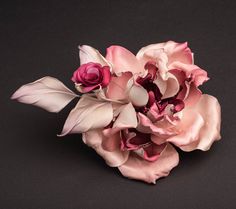 "This silk rose brooch is an exquisite addition to your outfit. The fabric brooch is easy to attach to your clothing and will enchant you in no time. The silk flower brooch comes in three variations -  🌺flower with one leafy branch and a bud,  🌺flower with leaves -  Diameter of the flower - about 5.51\" (14cm) Length with leaves - about 8.26\" (21cm) 🌺flower with two leafy branches Diameter of the flower - about 5.51\" (14cm) Length with leaves - about 10.63\" (27cm) ➡️please choose in  the variations. The flower was made from natural silk, satin and silver satin, according to the Somebana technique and from mixing the colours, cutting out the leaves and flowers to the final result, completely handmade. You will receive the flower in a beautiful box, in which you can also store the broo Elegant Flower Brooches With Rose Design, Rose Flower Brooch For Party, Elegant Rose Brooch With Handmade Flowers, Elegant Rose Brooches With Handmade Flowers, Rose Colored Handmade Flowers Brooch For Wedding, Wedding Rose Brooches With Handmade Flowers, Rose Wedding Brooches With Handmade Flowers, Shoulder Brooch, Brooch Fabric