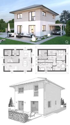 two story house with floor plans and elevation views, in the process of being built