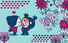 two cartoon characters kissing each other in front of flowers and hearts on a blue background