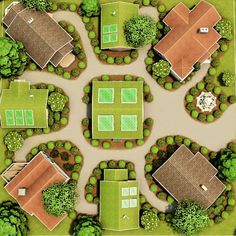 an aerial view of a tennis court surrounded by trees and houses in the middle of a park