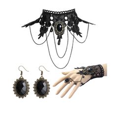 PRICES MAY VARY. GOTHIC ACCESSORIES: Our Halloween jewelry set includes black elegant vintage necklace, black vintage pendant earrings, black ring bracelet. They are all suitable for the upcoming Halloween. Owning our Halloween suit can add to the atmosphere of Halloween festival. GOTHIC WITCH NECKLACE COSTUME FOR WOMEN: The retro black necklace is light in weight and will not bring any burden to the neck and wrist. These accessories are made of exquisite materials and are harmless to your skin. Goth Choker Necklaces, Witchcore Aesthetic, Black Lace Necklace, Black Lace Choker Necklace, Gothic Choker Necklace, Long Fingerless Gloves, Black Lace Choker, Lace Choker Necklace, Goth Accessories