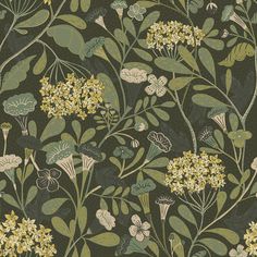 a green and yellow floral wallpaper with lots of leaves on the bottom half of it