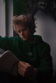 a person sitting down reading a book in front of a potted plant and window