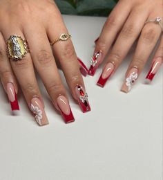 Simple Red Quince Nails, Red Quince Nails Medium Length, Red 15 Nails, Red Nails For Hoco, Red Nails Quince, Red Grad Nails, Red Medium Nails, White Nails With Red Design, Latina Nails Red