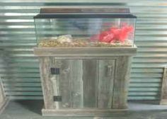 a fish in a glass tank on top of a wooden table next to a metal door