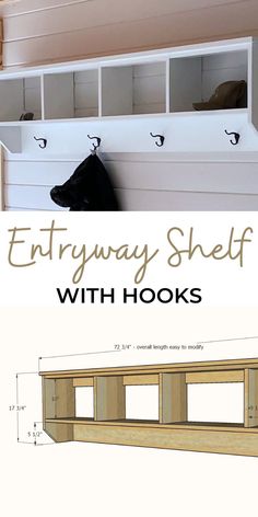 an entryway shelf with hooks is shown in this image and the plans for it