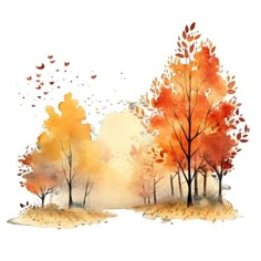 watercolor painting of trees with orange and yellow leaves