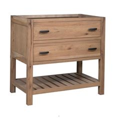 a wooden dresser with two drawers on one side and an open shelf underneath the drawer