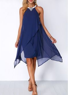 ROTITA Sequin Embellished Sleeveless Round Neck Dress | Rotita.com - USD $37.91 Navy Blue Chiffon Dress, Blue Chiffon Dresses, Sleeveless Chiffon Dress, Black Chiffon Dress, Gaun Fashion, Chique Outfits, Fashion Dresses Online, Club Party Dresses, Chiffon Midi Dress